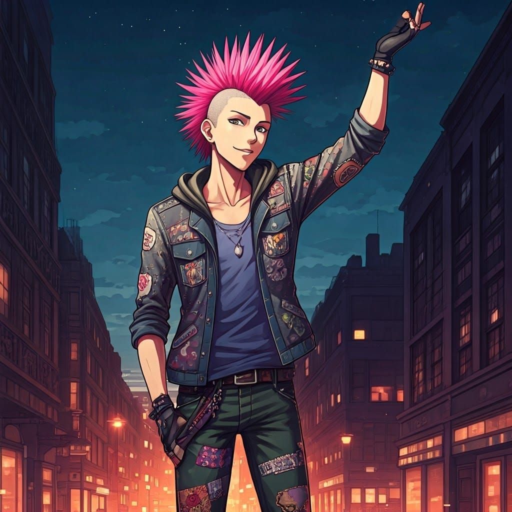 Quilt Punk in Cityscape: Manga-Style Anime Wallpaper