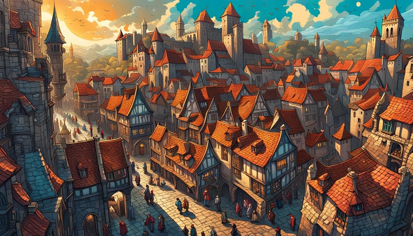 Lively Medieval City in Surreal Comic Book Art