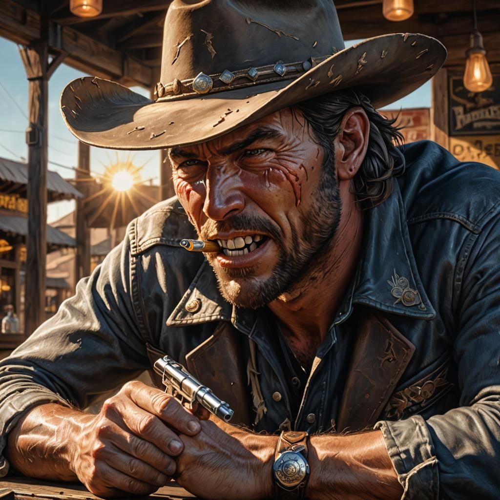 Hyperrealistic Cowboy Bites a Bullet in Bar