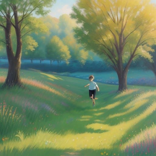 Boy Runs Through Grassy Field in Impressionistic Style