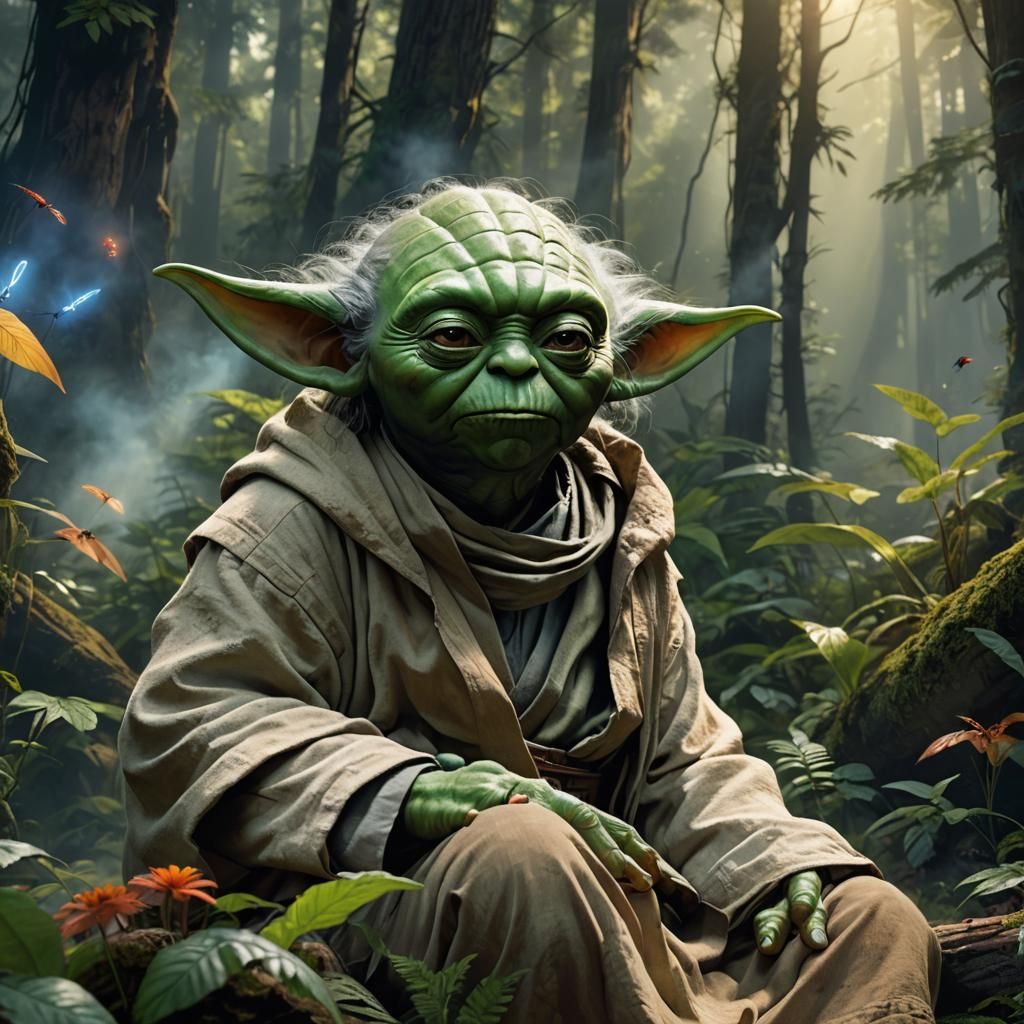 Yoda dans la forêt de nabu Hyperrealistic, splash art, conce...