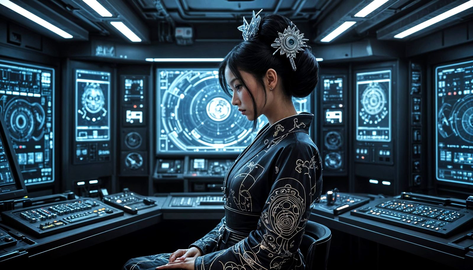 Cybernetic Geisha Contemplates Space in a Vibrant Control Ro...