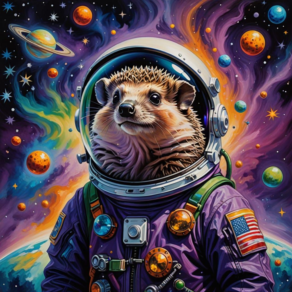 Cosmic Hedgehog in Astronaut Suit, Vibrant Oil Painting