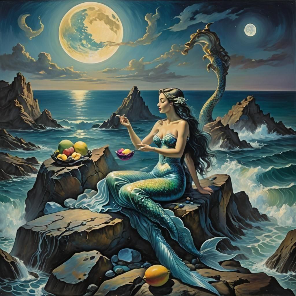 Surreal Mermaid Enjoys Mango Under Full Moon