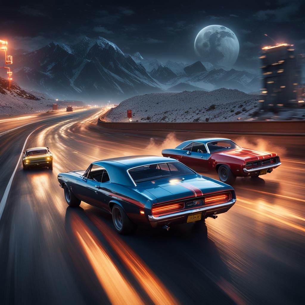 Muscle Cars Racing at Night: Detailed Matte Painting