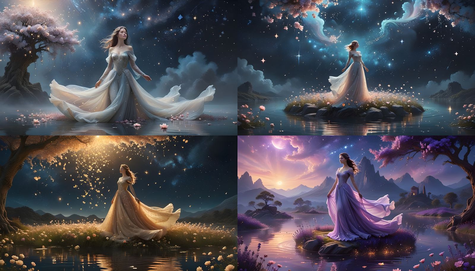 Woman on Floating Island Under Blooming Constellations