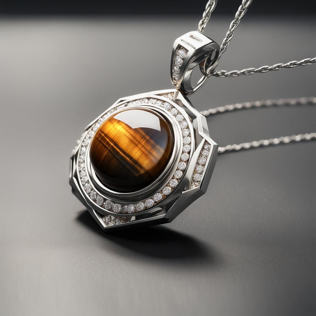 Tiger Eye Silver Pendant with Diamonds: 3D Render
