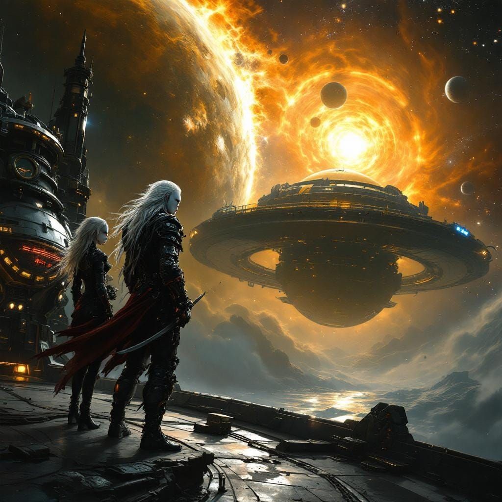 Space Pirate Ship Approaching Dyson Sphere in Oil Realism