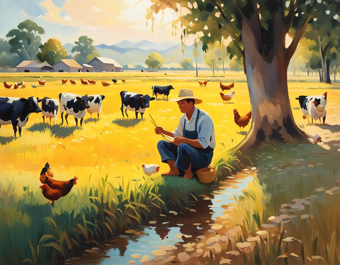 Idyllic Rice Field Painting at Golden Hour