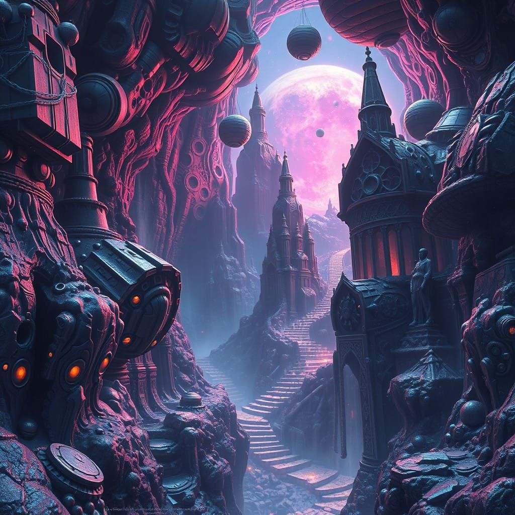 Surreal Dreamscape in Neon-Hued Cyberpunk Style