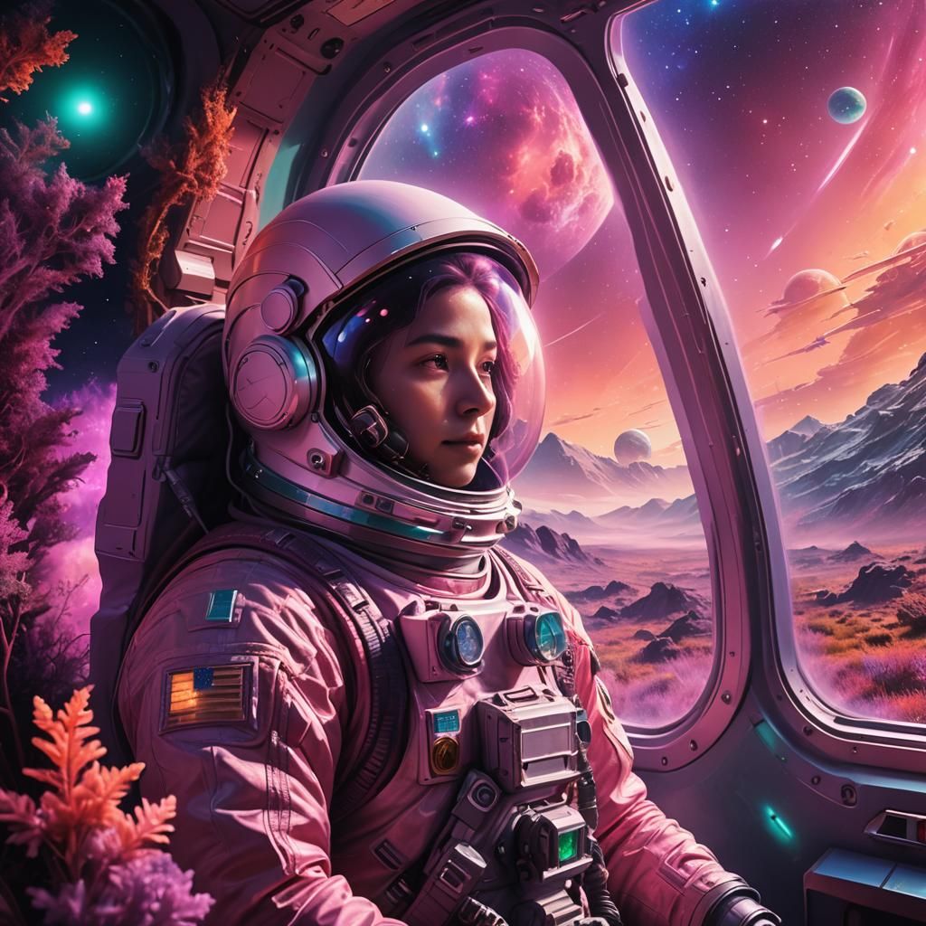 Astronaut's View of Alien Planet in Psychedelic Realism