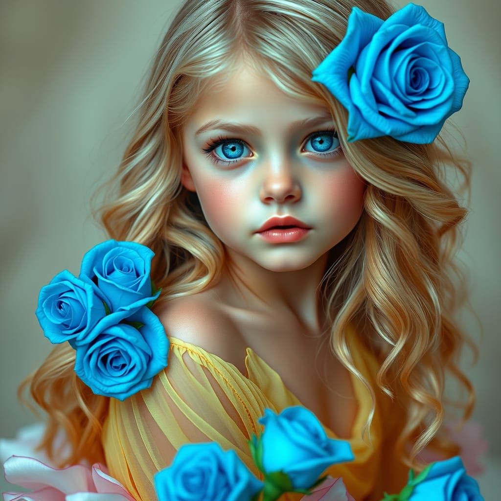 Ethereal Girl with Blue Roses in Pastel Fantasy Style