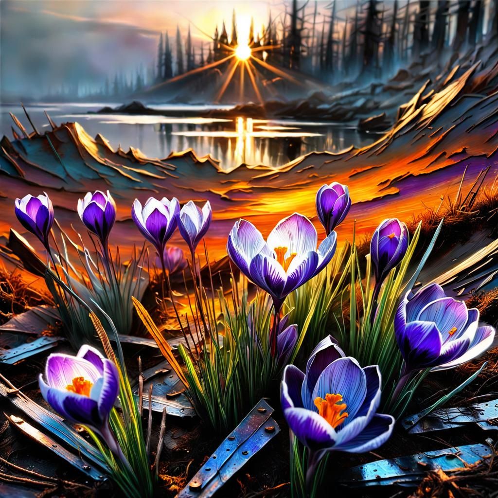 Metal Crocus Flower in Fantasy Sunset Landscape