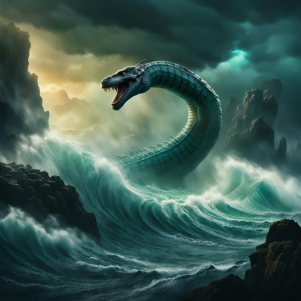 Majestic Sea Serpent Emerges from Stormy Ocean