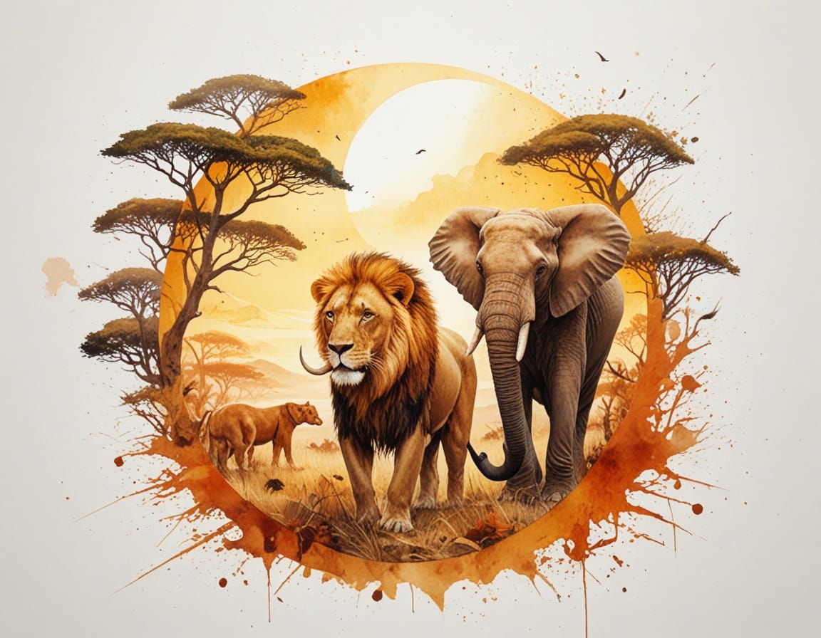 Majestic Lion and Elephant in Sunrise Savanna