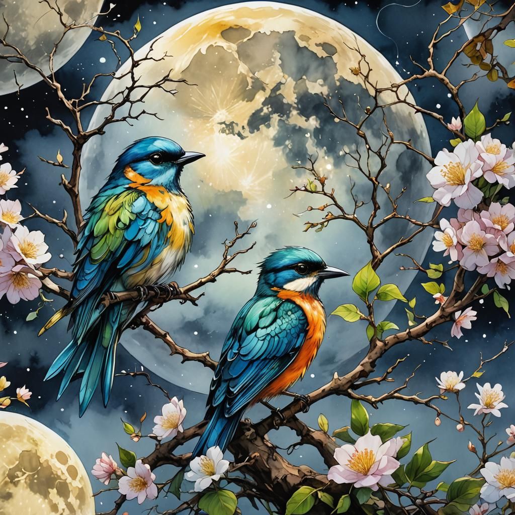 Colorful Bird Soaring Under Giant Moon, Watercolor Comic