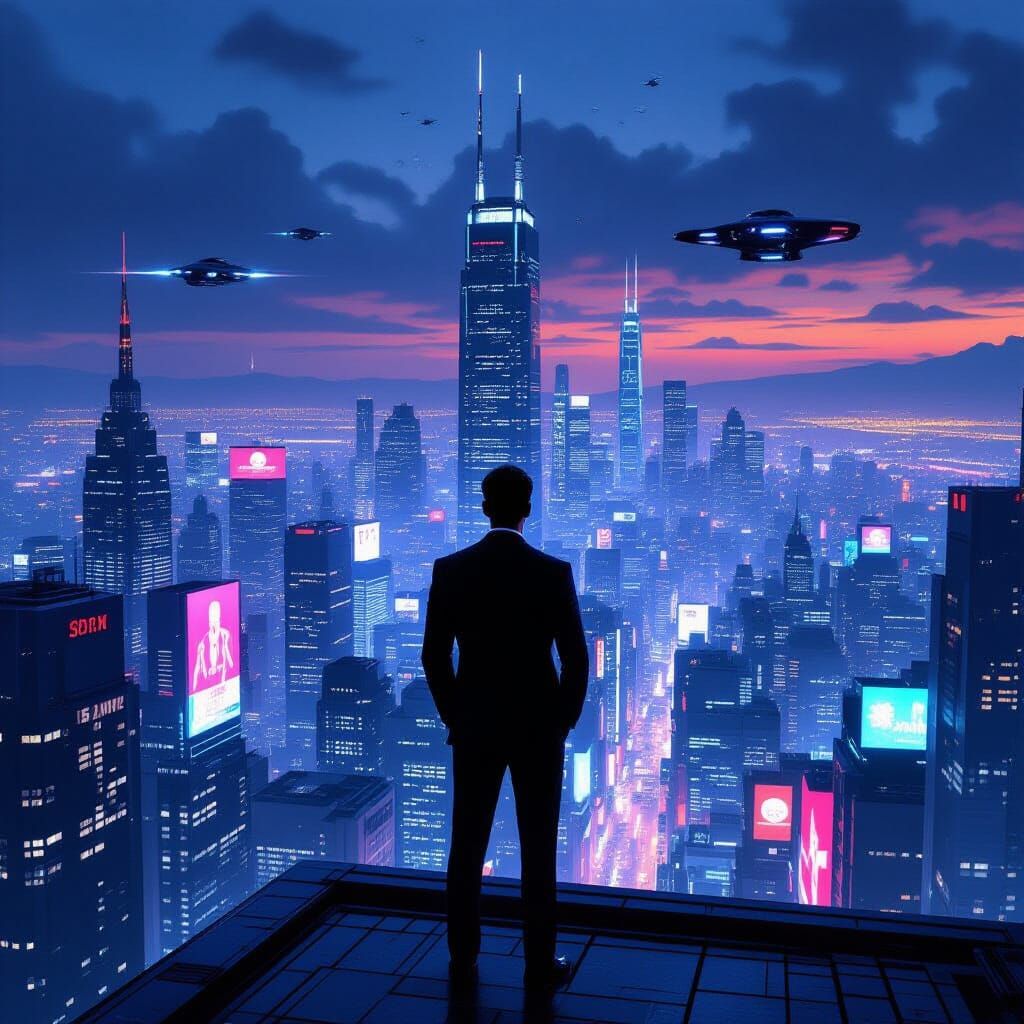 CEO Overlooking Neon Metropolis in Cyberpunk Style