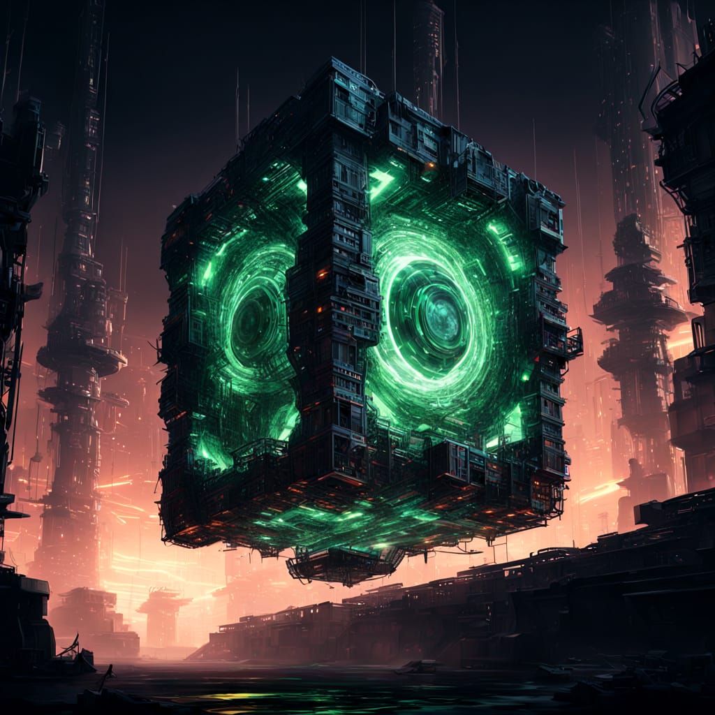 Massive Borg Cube Emerges from Wormhole in Dark Sci-Fi Aesth...