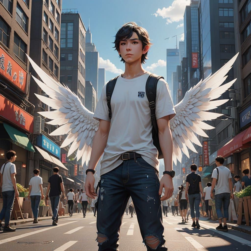 Teenage Elf in City Streets with Ordinary Humans