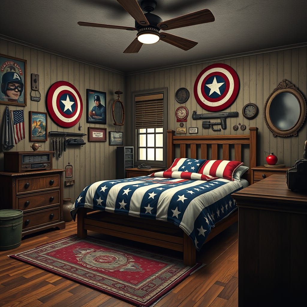 Patriotic Captain America Bedroom in Photorealistic Style
