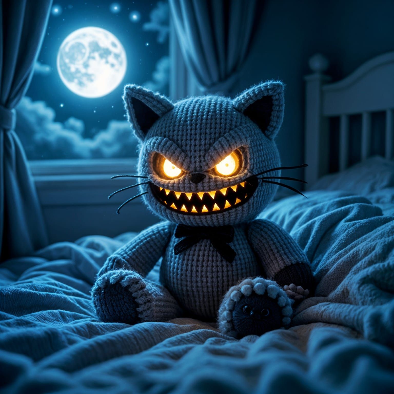 Knitted Toy with Glowing Eyes in Moonlit Bedroom