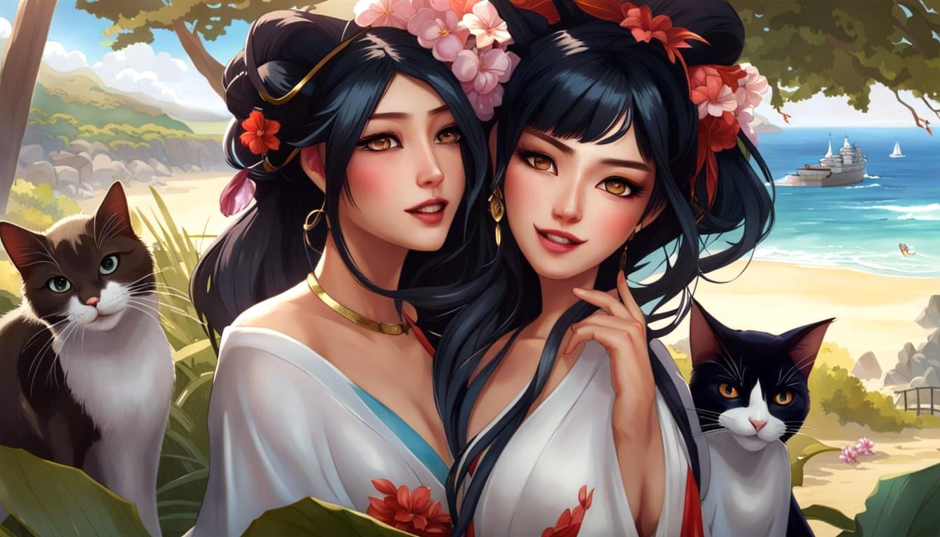 Cats on Aoshima (Cat Island) with pretty geisha girls