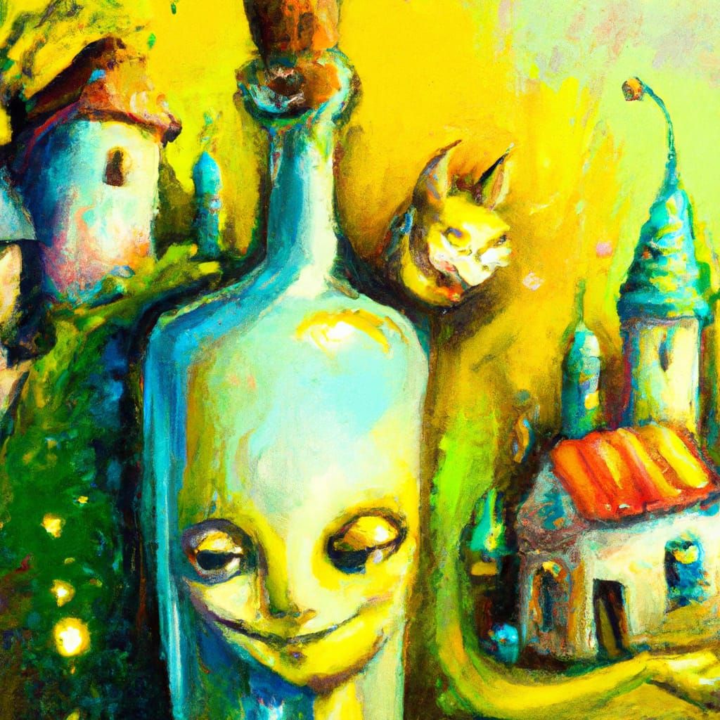Fairy Village Inside Bottle as Oil Painting