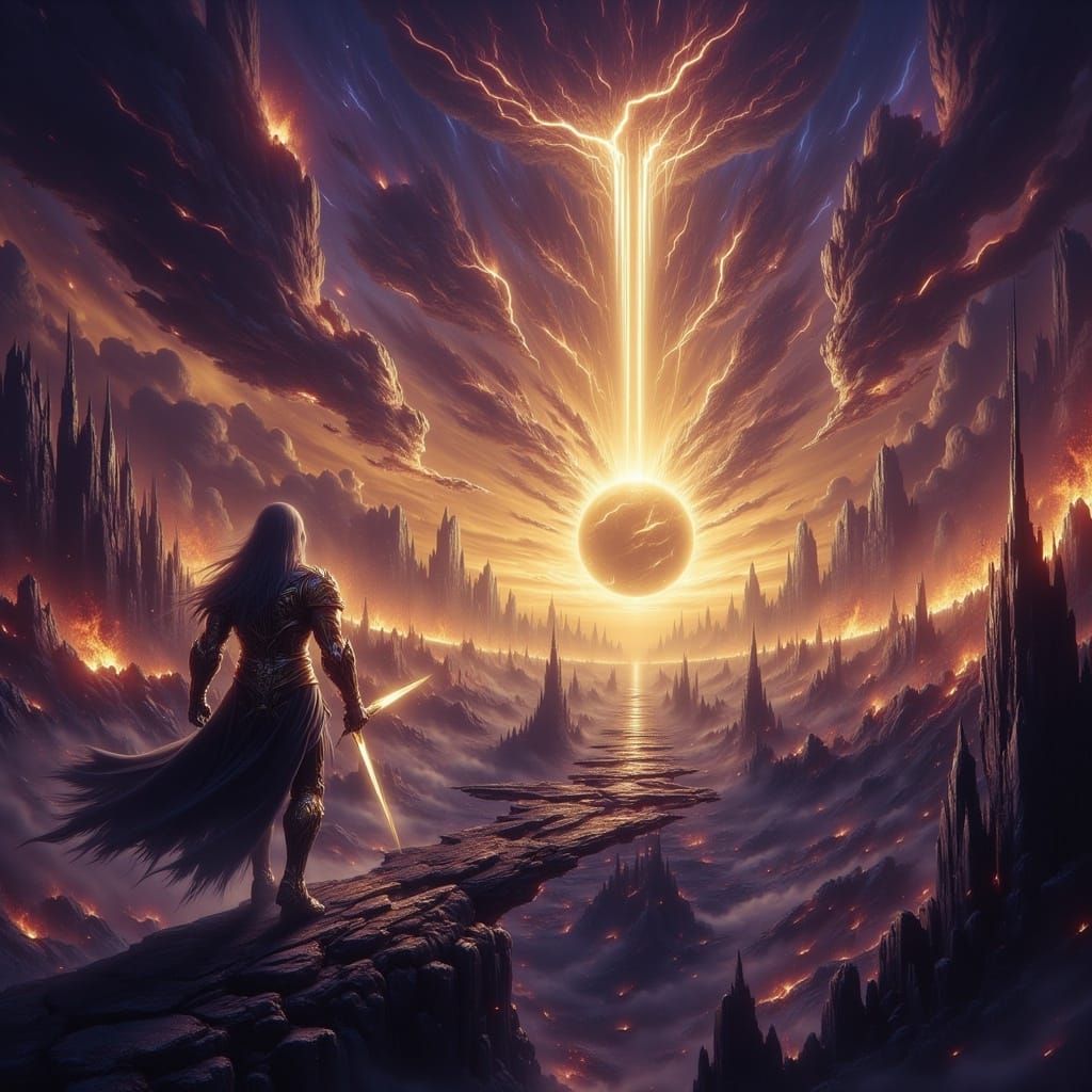 Apocalyptic Heroic Duel in a Fiery, Burning Sky