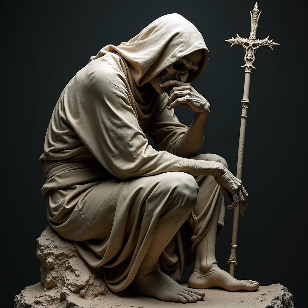 The Grim ‘Thinker’ out of clay.