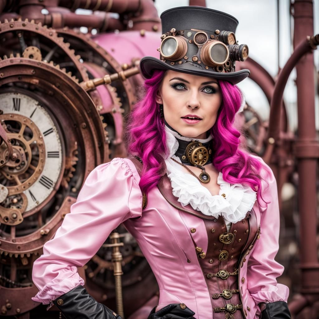 Attractive Steampunk Woman in Pink Outfit
