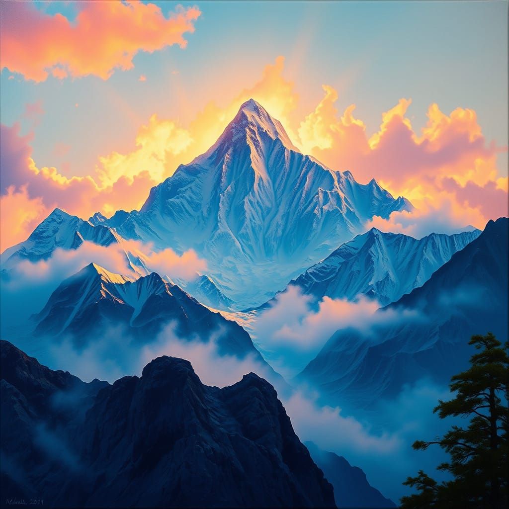 Majestic Mount Everest Landscape Painting in Dreamlike Style
