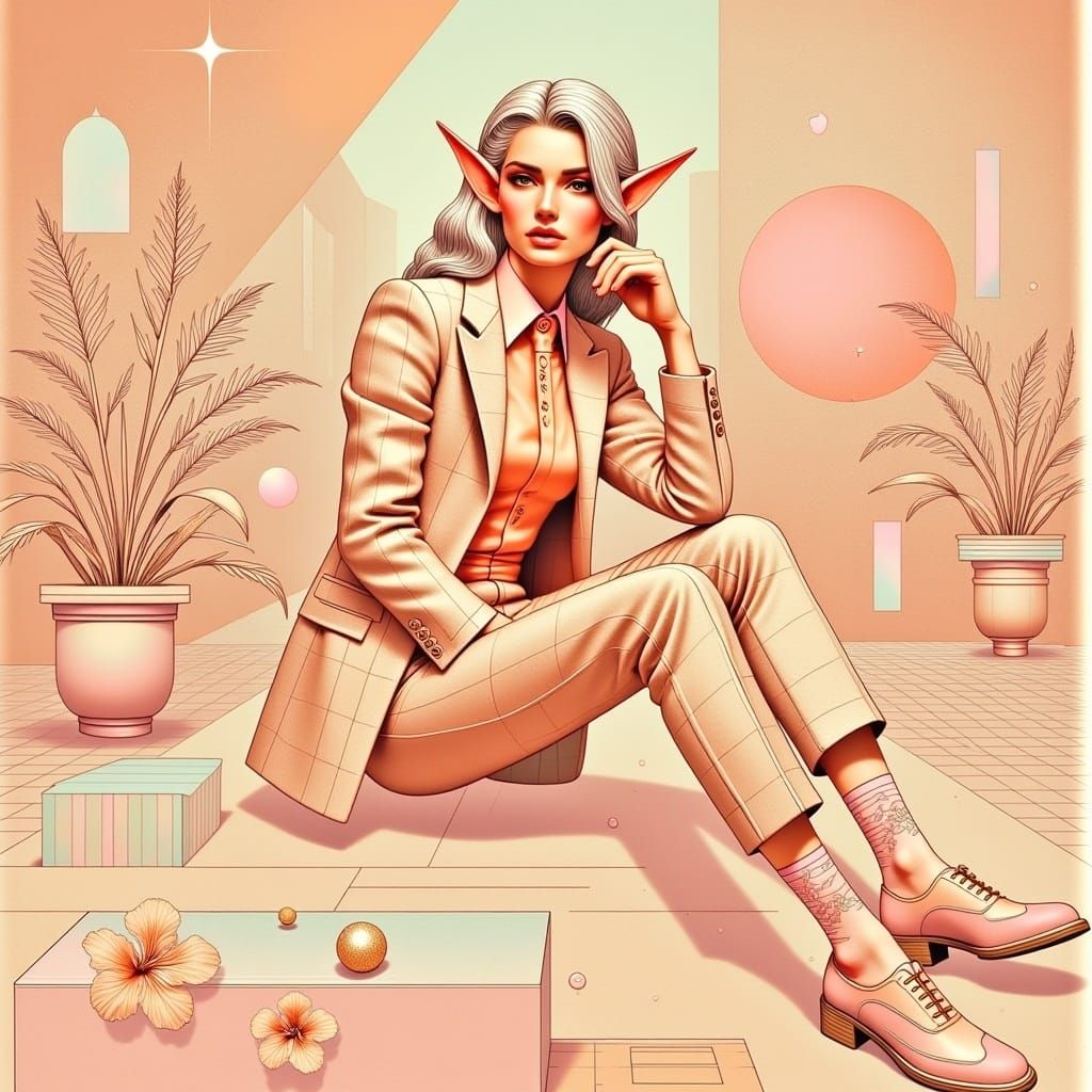 Elven Woman in 1950s Fashion, Digital Decoupage Illustration