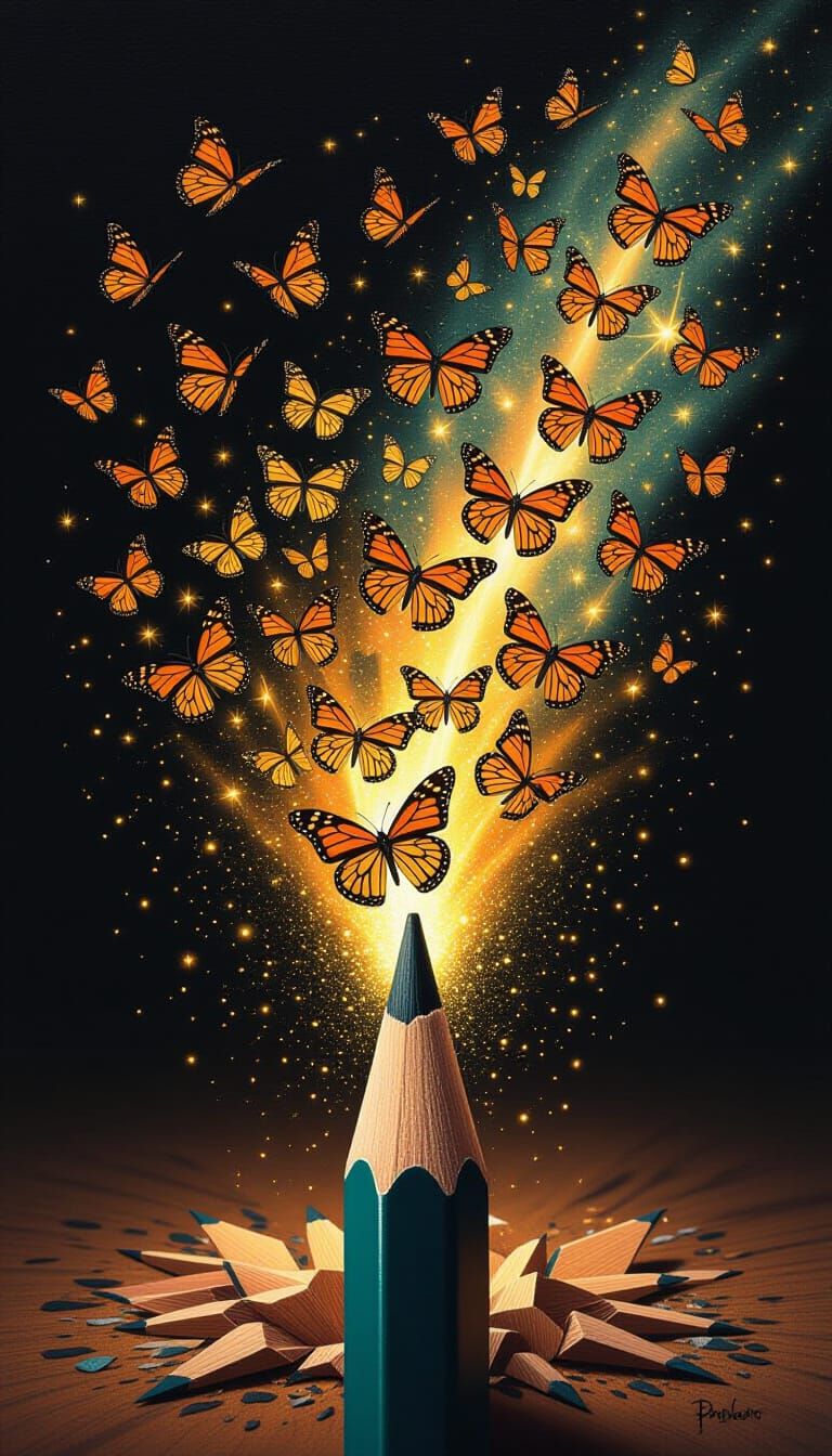 Butterflies Erupting From Pencil Tip in Surreal Oil Painting