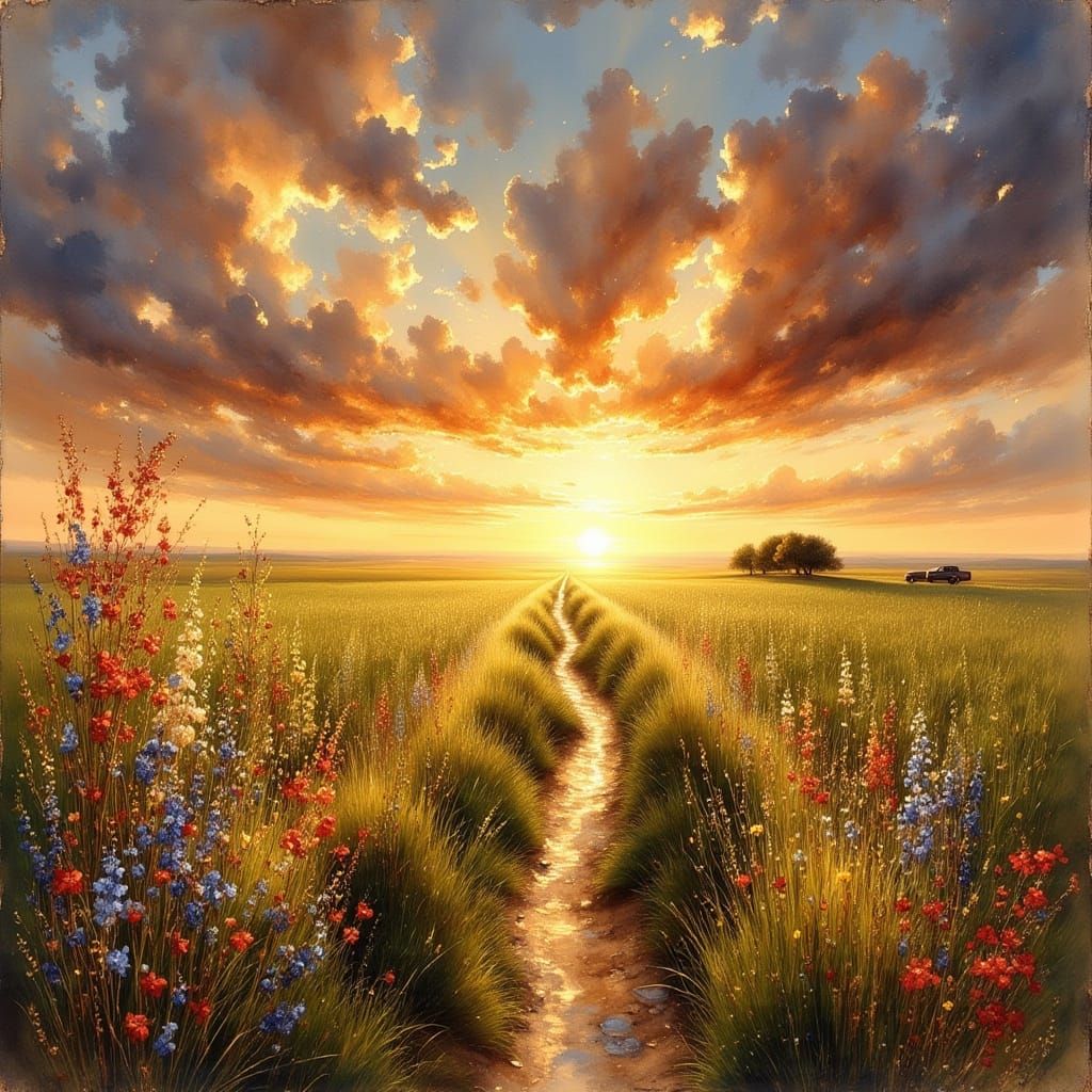 Kansas Prairie Sunset with Swaying Wildflowers