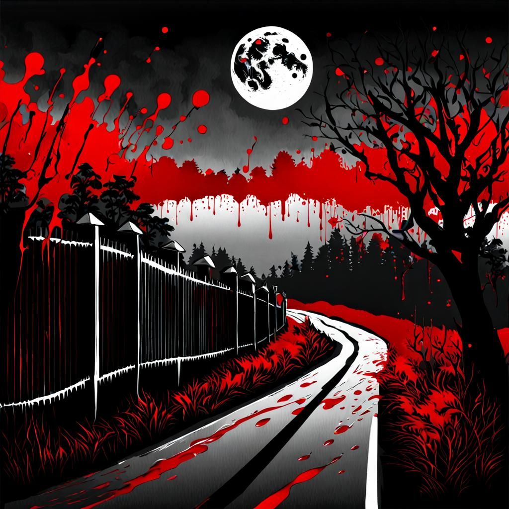 Monochromatic Full Moon Road with Red Splashes
