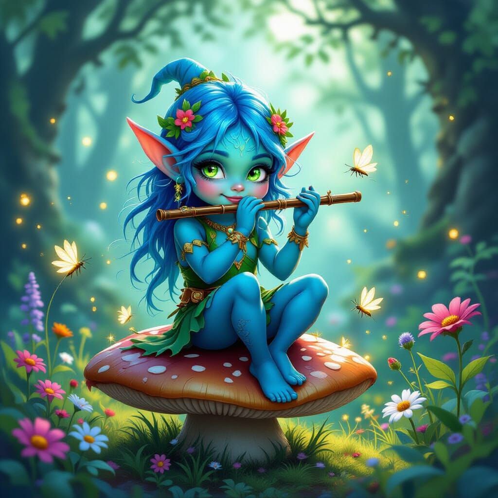 Mischievous Forest Sprite Playing Flute in Enchanted Forest