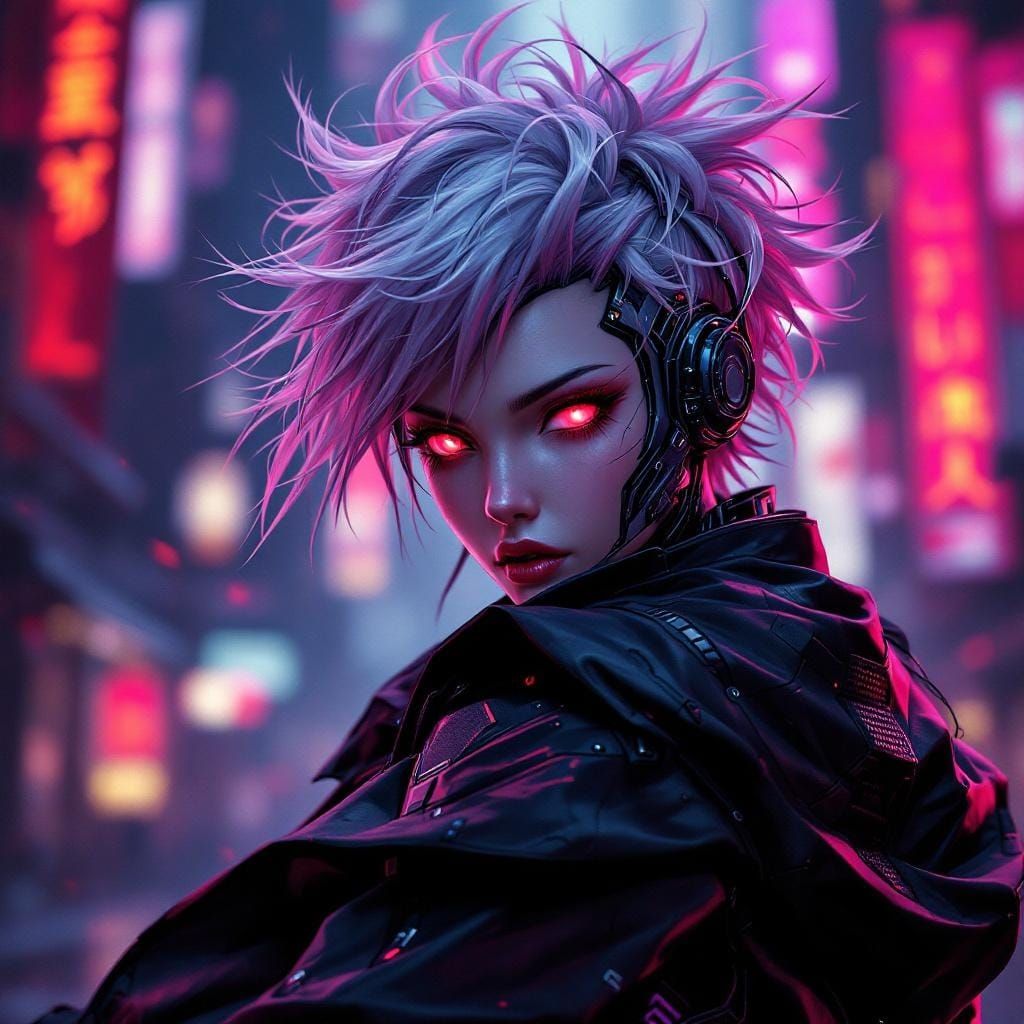 Cyberpunk Android with Piercing Red Eyes in Anime Style