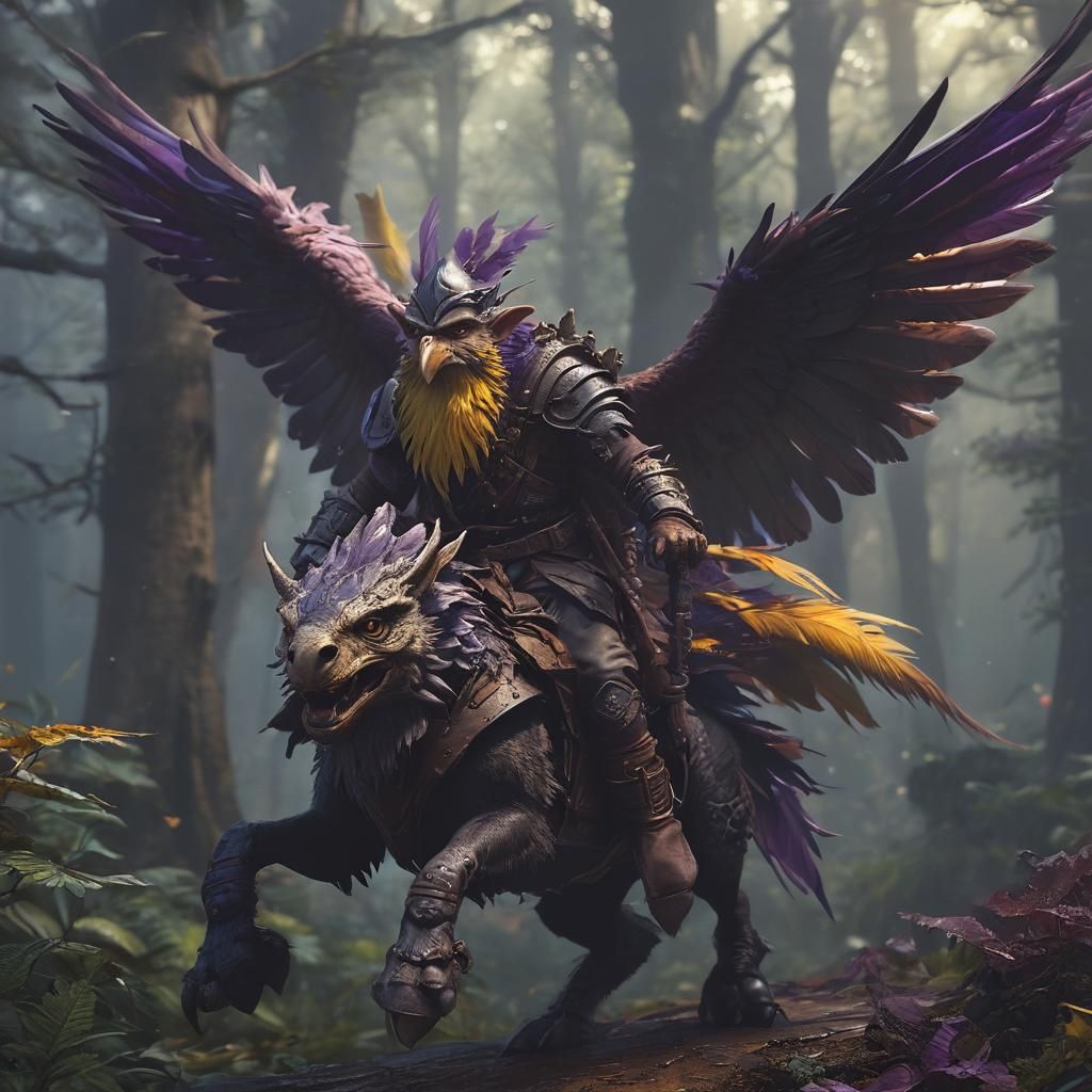 Gnome Rides Gryphon Through Mystical Forest