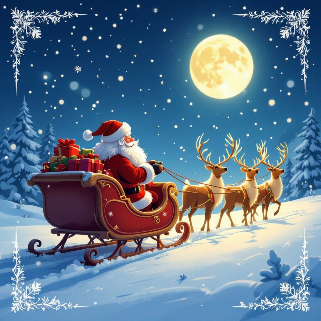 Cartoon Santa Claus and Reindeer Under Full Moon