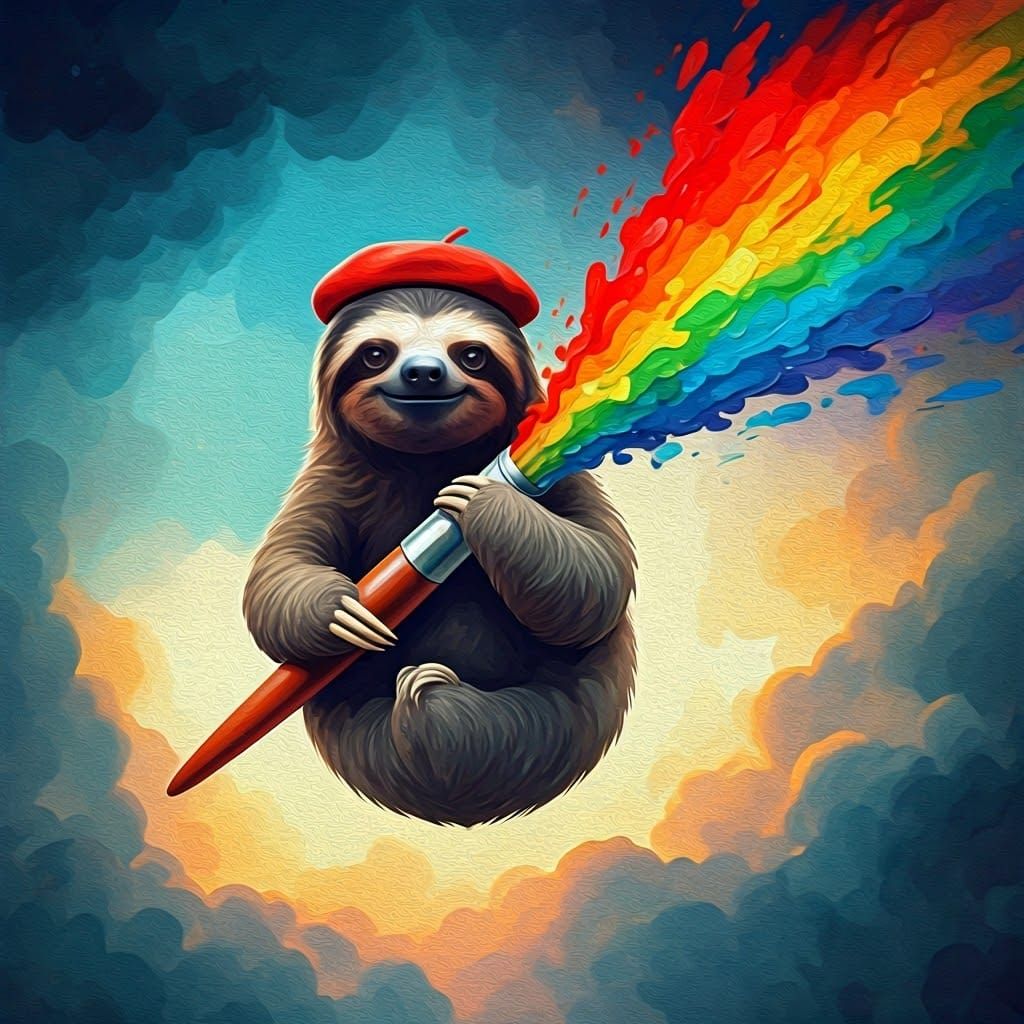 Sloth on Paintbrush Spewing Rainbows: Gouache Impressionist ...