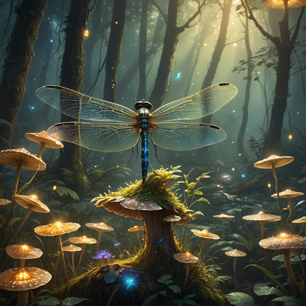 Mystical Dragonfly in a Luminescent Fantasy Forest