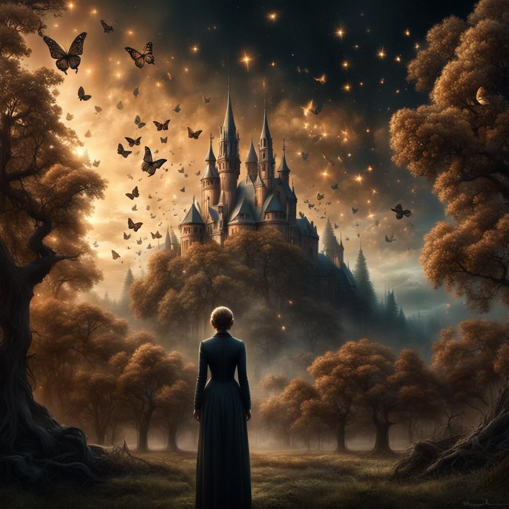 Ethereal Night Scene: Woman, Elves, and Starlit Sky