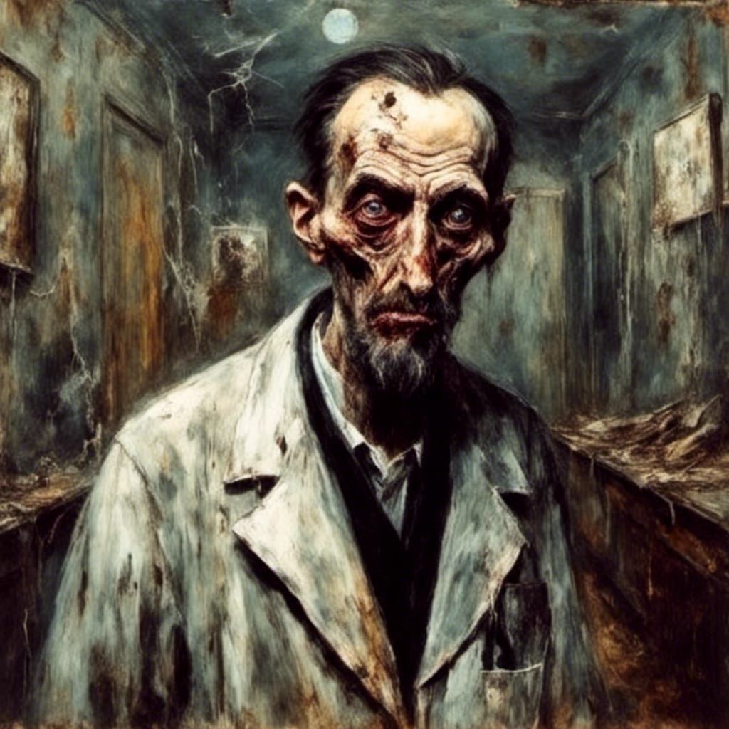Surreal Doctor in Abandoned Hospital as Oil Painting