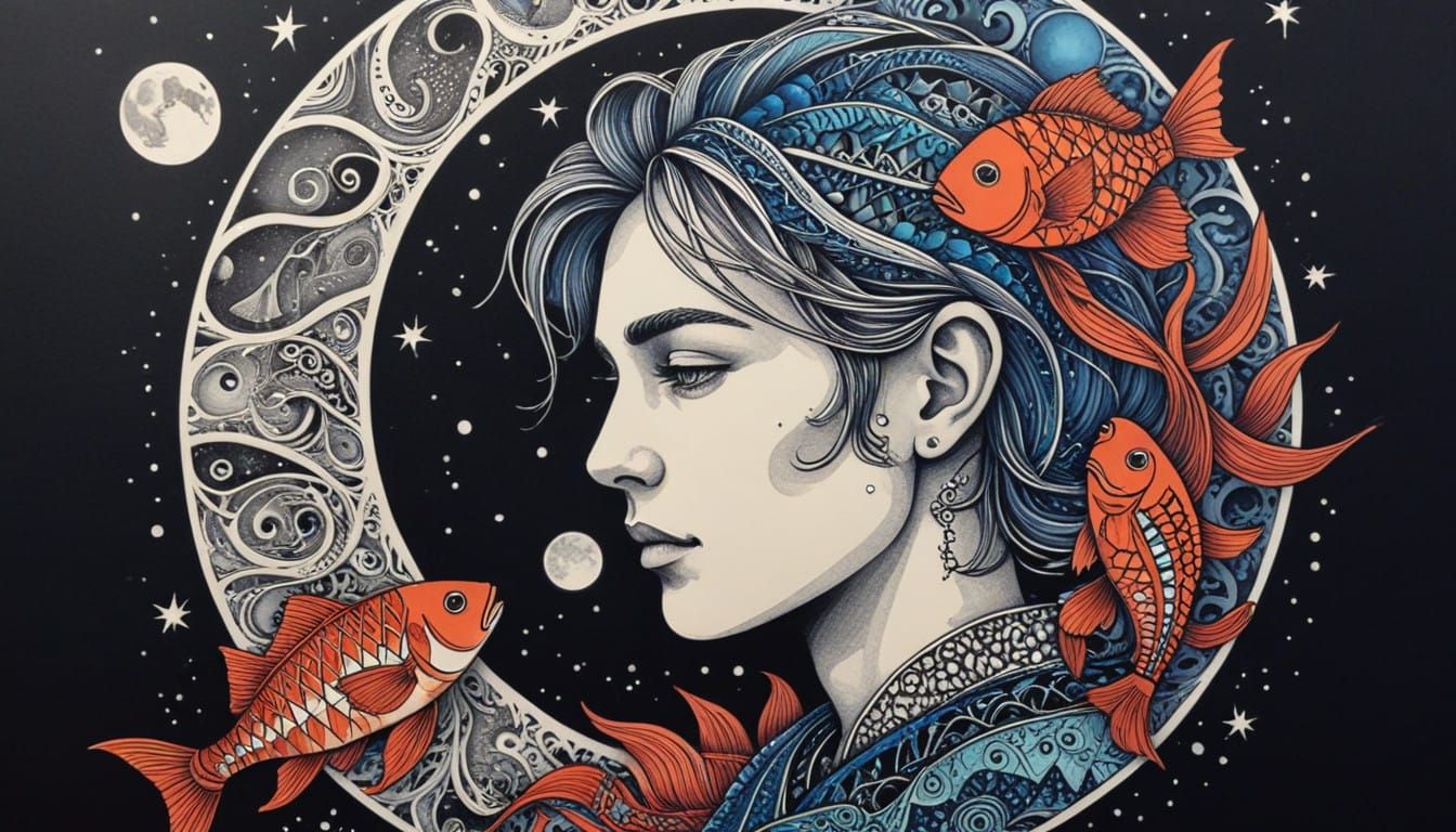 Dreamlike Ink Zentangle of a Stranger with a Fish in Space