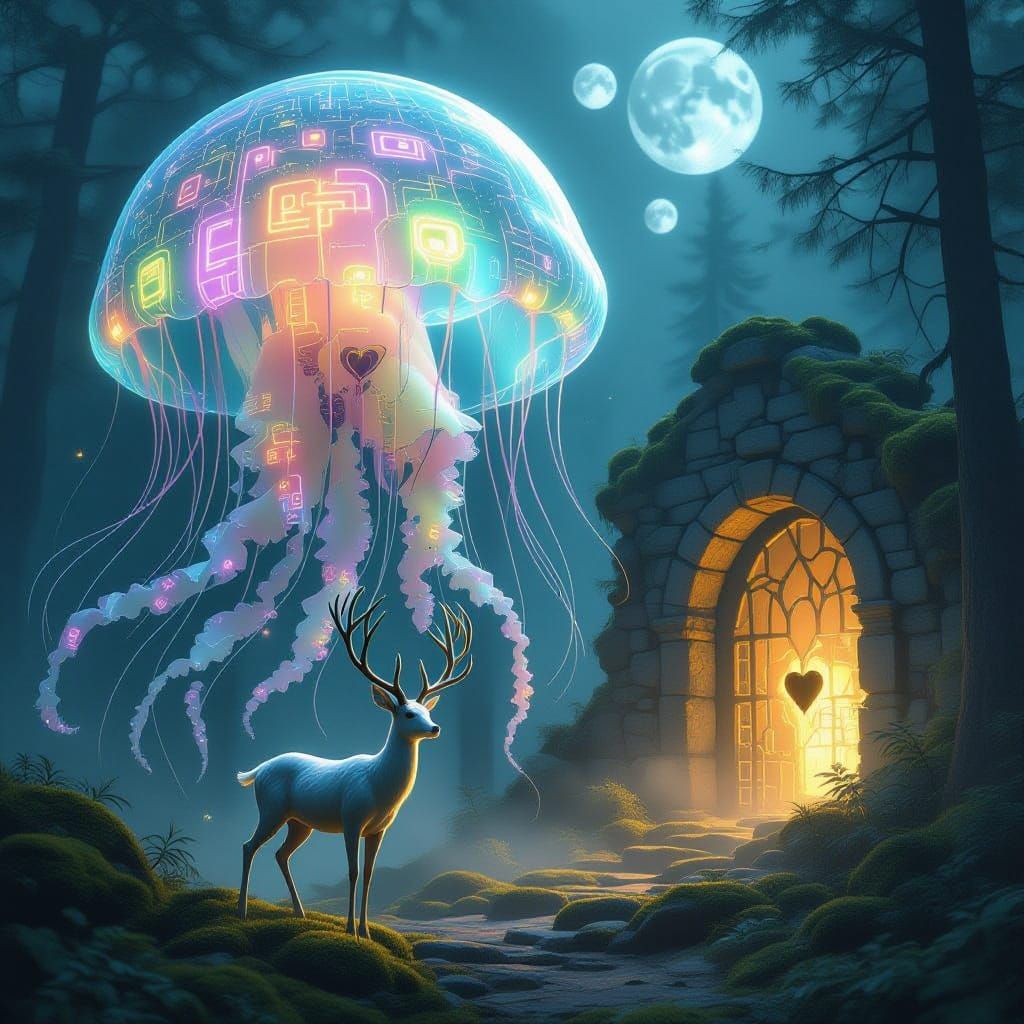 Cyberpunk Forest Scene with Bioluminescent Jellyfish and Por...
