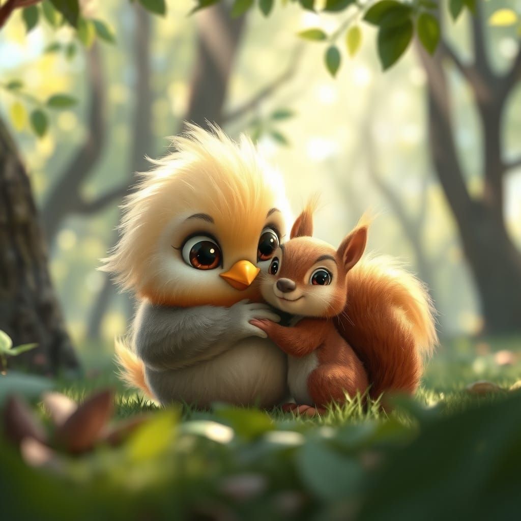 Cute Fluffy Bird Cuddles Squirrel in Whimsical Forest CGI