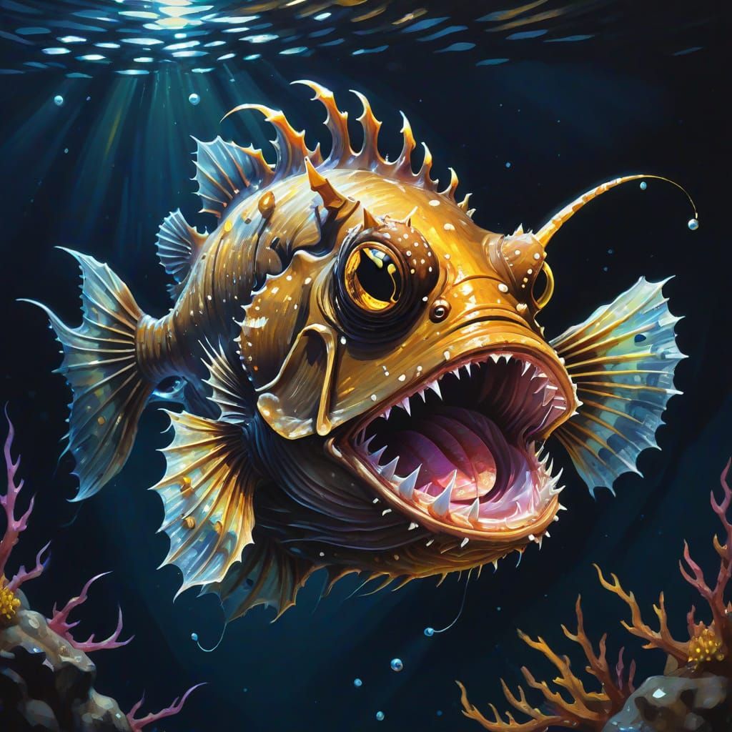 Angler Fish in Dark Water: Gouache Detailed Painting
