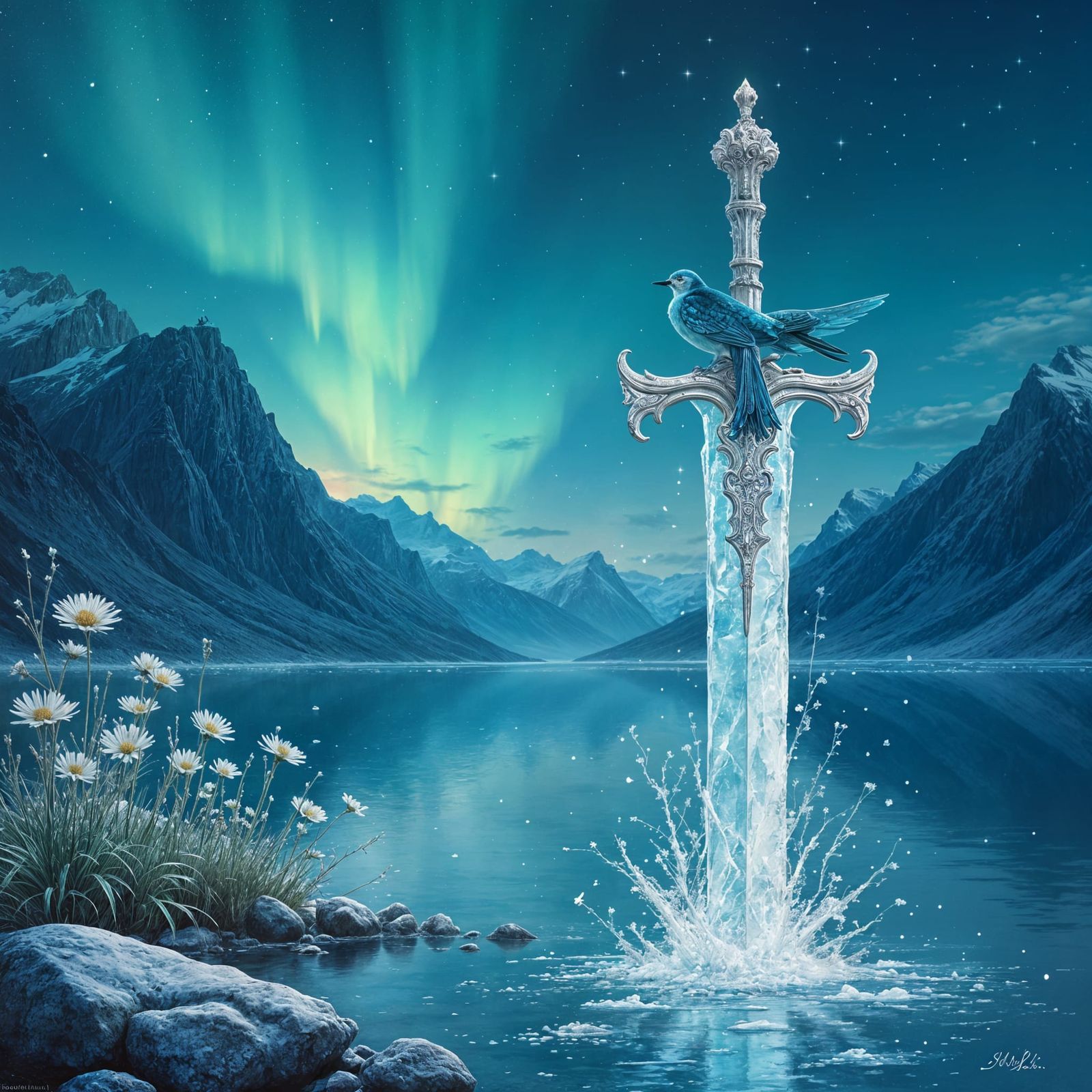 Ethereal Ice Sword Scene in Whimsical Style