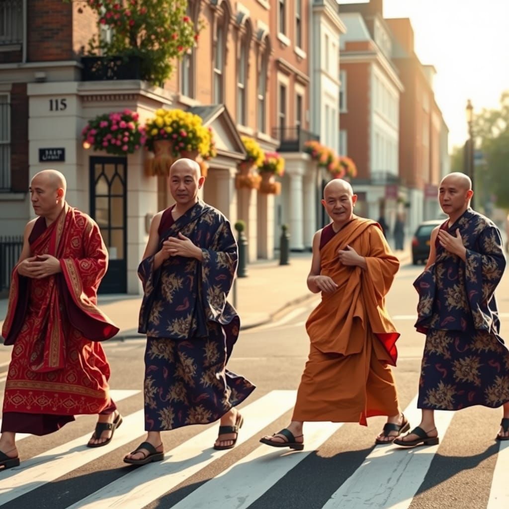 Buddhist Monks Cross Abbey Road: Naive Art Style