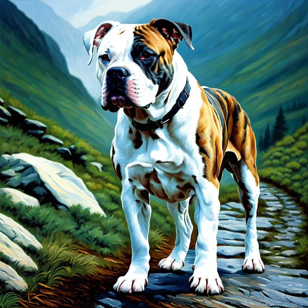 Brindle American Bulldog Oil Painting in Nature